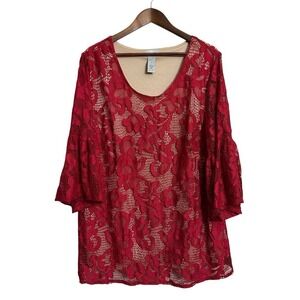 Catherines top women's 1X red lace mesh floral boho peasant festive whimsigoth